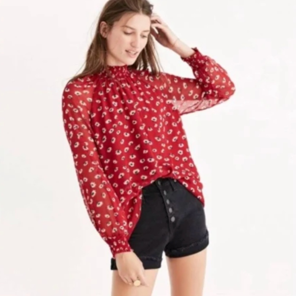 Madewell Mislight Mock Neck Red Floral Blouse